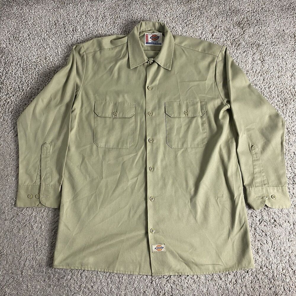 Dickies Work Shirt Mens Medium Long Sleeve Industrial Button Up Khaki Tan Chore